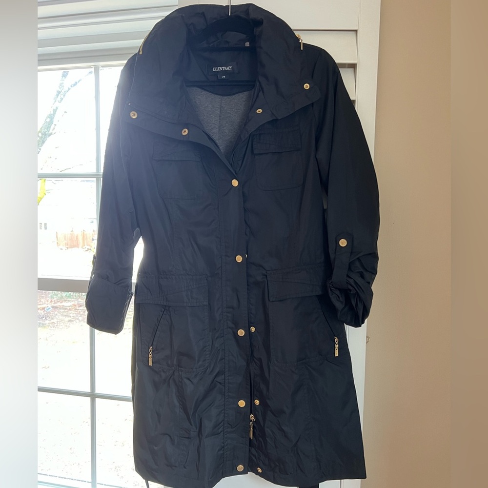 Ellen Tracy- Black Raincoat with Gold hardware.